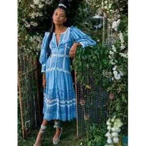 LoveShackFancy Titania Bridgerton eyelet Puff Sleeve Midi Dress Blue White Sz 0